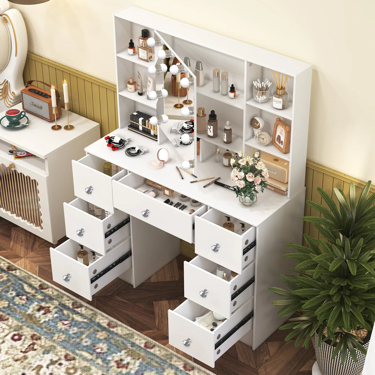 Teousev Seven Drawer Vanity Desk With Led Lights