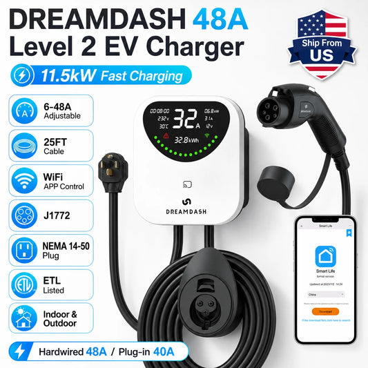Dreamdash 48A Level 2 EV Charger WiFi Bluetooth Smart Station