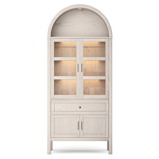71 Inch Tall Full Wood Arched Storage Cabinet Adjustable Shelves Bookcase with Dimmable LED Lights for Living Room Bedroom