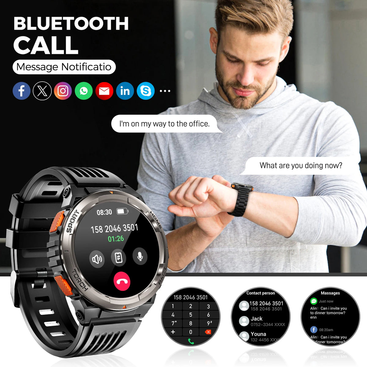 EIGIIS KE5 Rugged Waterproof Smartwatch With LED Flashlight