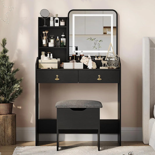 HiMISS Wooden Vanity Desk With LED Mirror And Stool