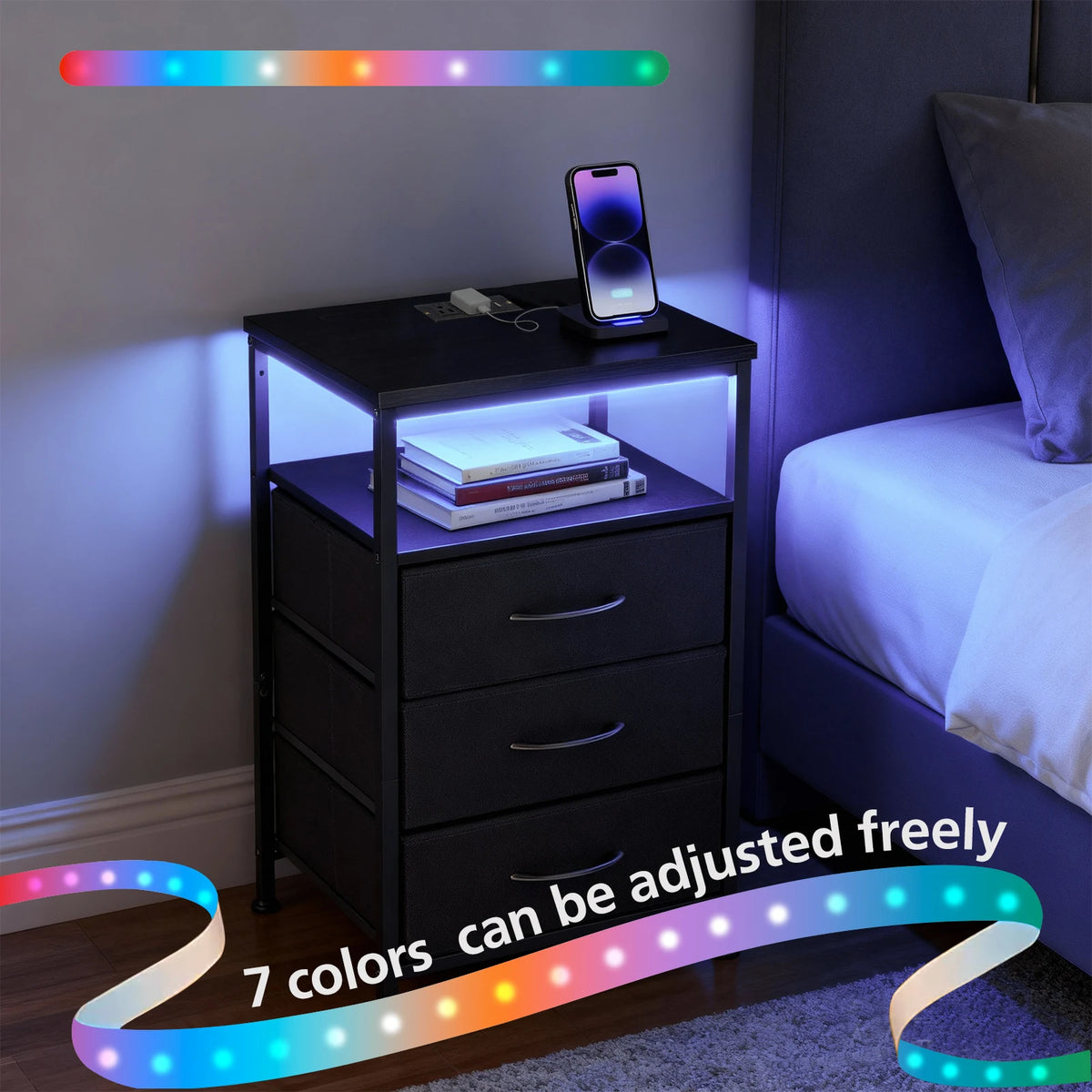 JHK Modern Fabric Nightstand With USB Charging Station
