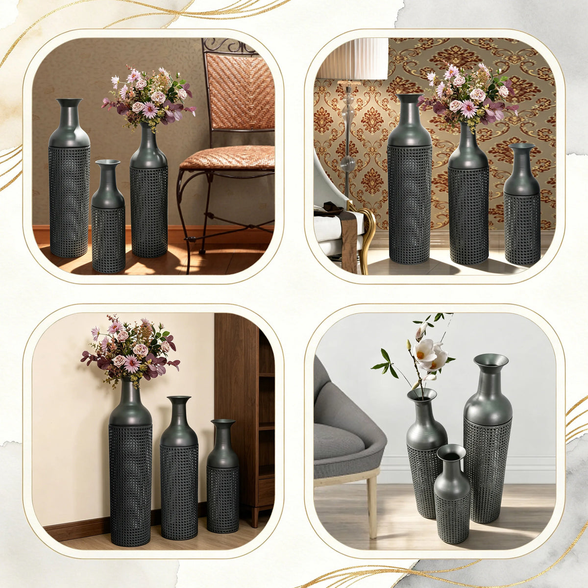Three Tier Metal Floor Vase With Leaves