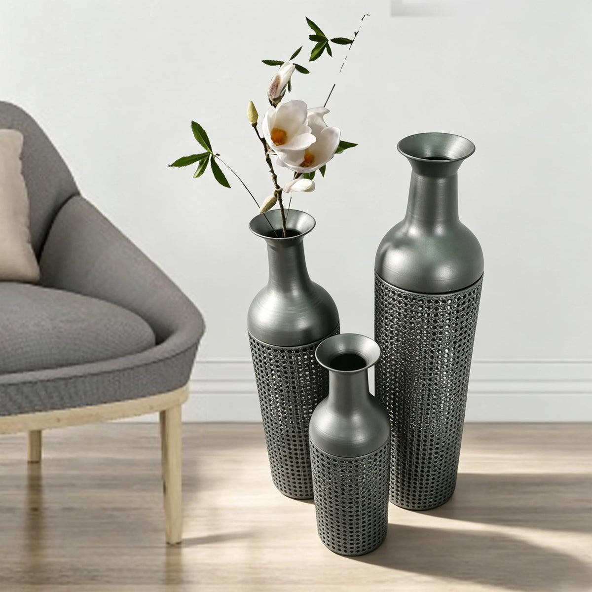 Three Tier Metal Floor Vase With Leaves