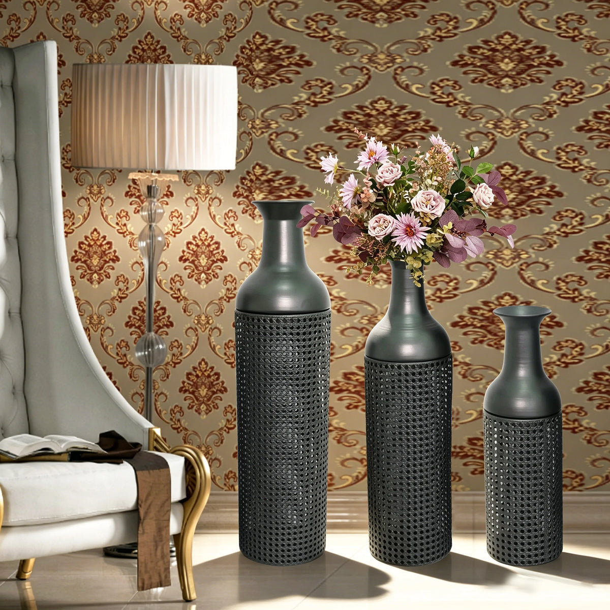 Three Tier Metal Floor Vases Set Modern Leaf Decor