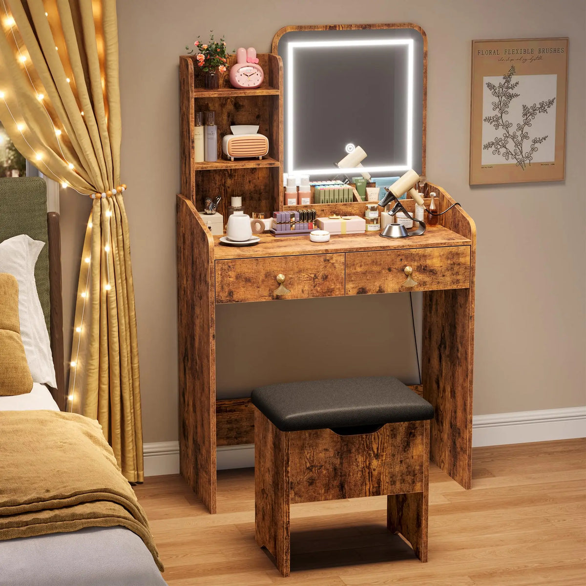 HiMISS Wooden Vanity Desk With LED Mirror And Stool
