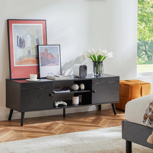 JHK Wooden TV Stand With Adjustable Shelf And Storage