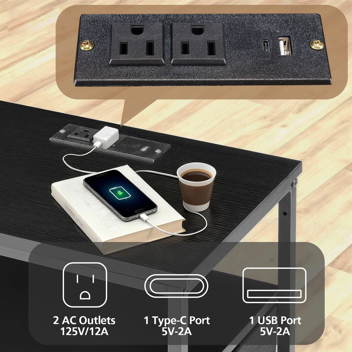 JHK Three Drawer Nightstand With USB Charging Port