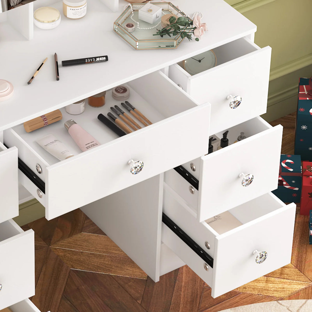 Teousev Seven Drawer Vanity Desk With Led Lights
